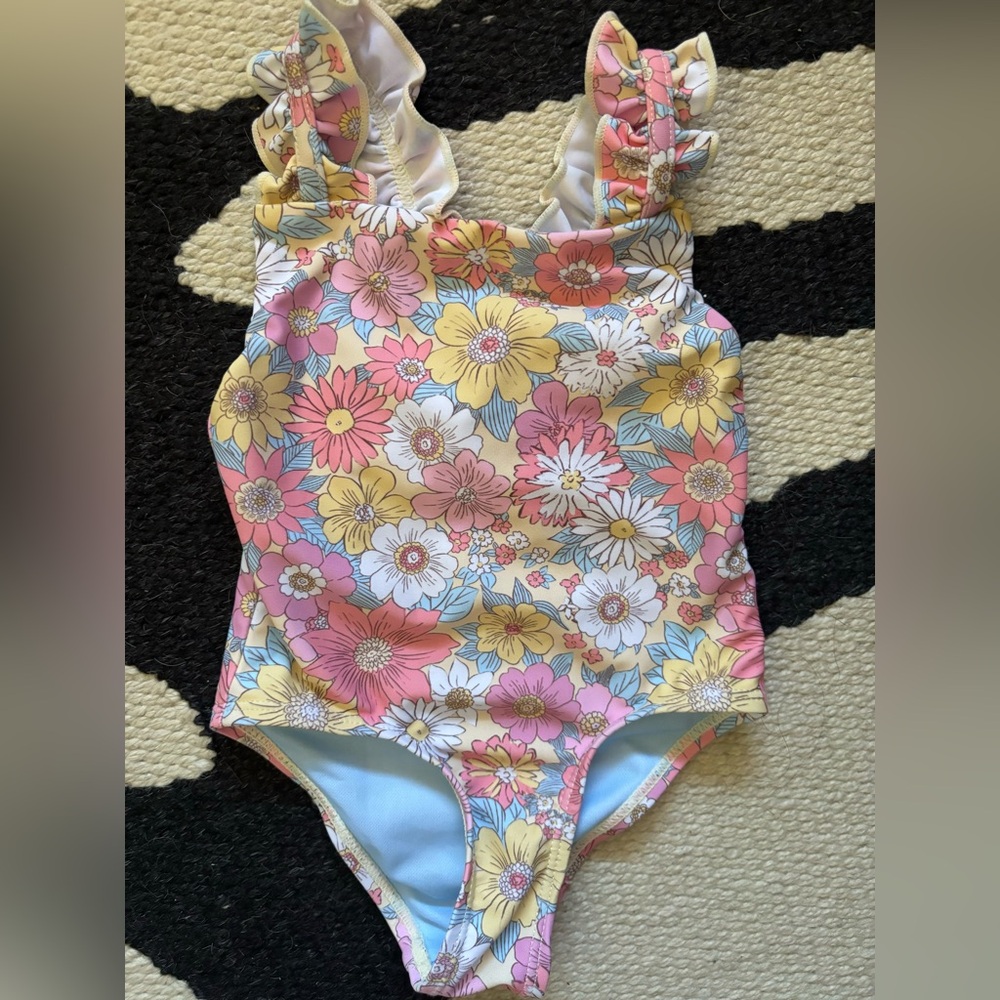 Pink and Yellow One Piece Swimsuit with Ruffled Straps